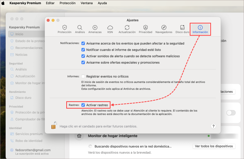 Activar rastreo en Kaspersky for Mac.